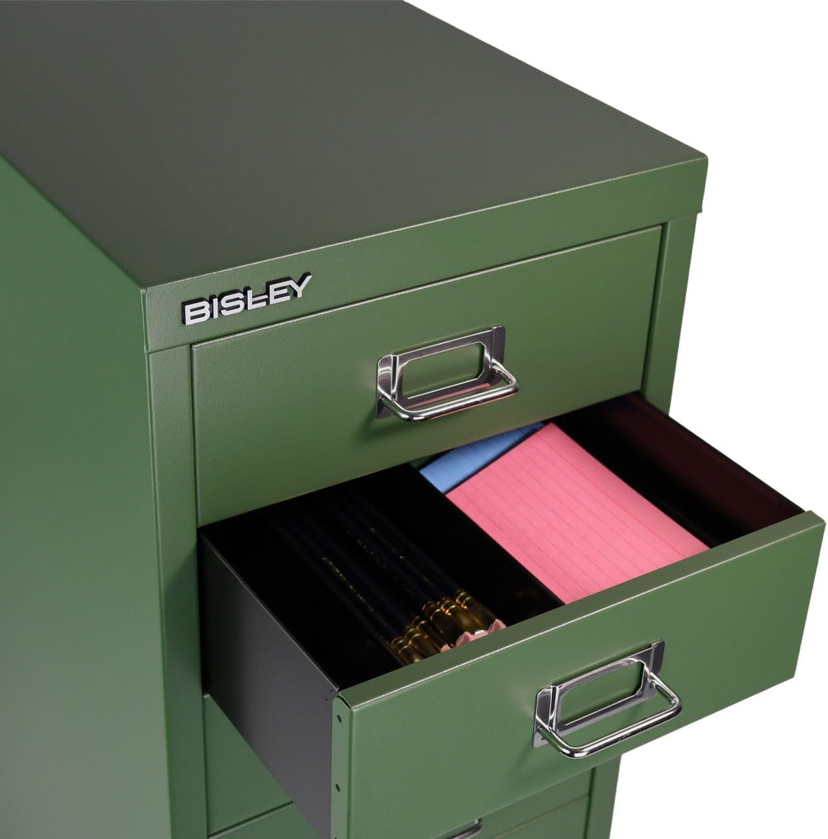 Bisley 6-Drawer Steel MultiDrawer Cabinet - Olive Green | Chrome Pull Handles with Label Holders, Powder-Coated Steel, Removable Drawers, Fits Under Most Desks, Labels Included