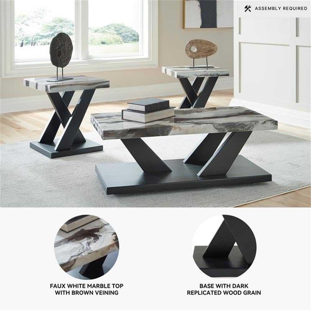 BOWERY HILL Coffee Table Set, 3-Piece, Faux White Marble Tops, Black Wood Frames, Built-in Casters, Includes 1 Coffee Table and 2 End Tables, Contemporary Living Room Furniture Set