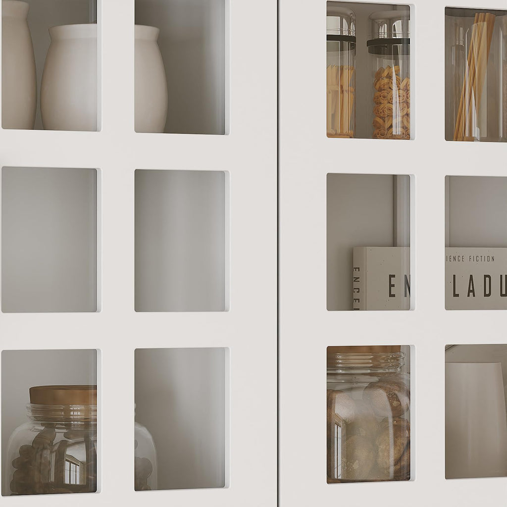 Timechee Cupboard, Kitchen Pantry Storage Cabinet, White Modern Food Pantry Cabinet with 8 Cabinets, 11 Drawers and 4 Display Doors for Living Room, Kitchen(15.7" D x 110.2" W x 78.7" H)
