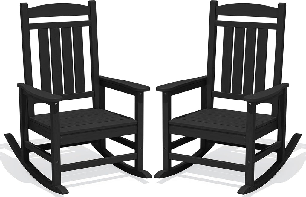 KINGYES Oversized Outdoor Rocking Chairs Set of 2, HDPE Porch Rocker, Black | - Rocking Chairs for Outdoor with Wide Seat - 350LBS Support for Adults