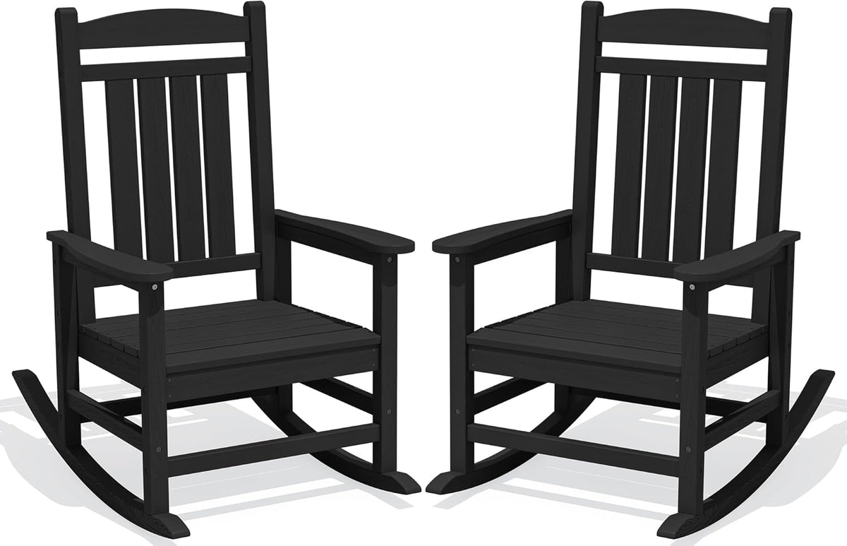 KINGYES Oversized Outdoor Rocking Chairs Set of 2, HDPE Porch Rocker, Black | - Rocking Chairs for Outdoor with Wide Seat - 350LBS Support for Adults
