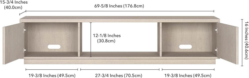 Henn&Hart 70" TV Stand for TVs up to 78", Beech White | Modern TV stand with ribbed cabinet doors and open center shelf for media or decor, perfect for living room or office