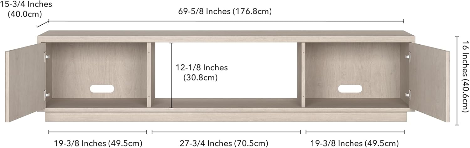 Henn&Hart 70" TV Stand for TVs up to 78", Beech White | Modern TV stand with ribbed cabinet doors and open center shelf for media or decor, perfect for living room or office