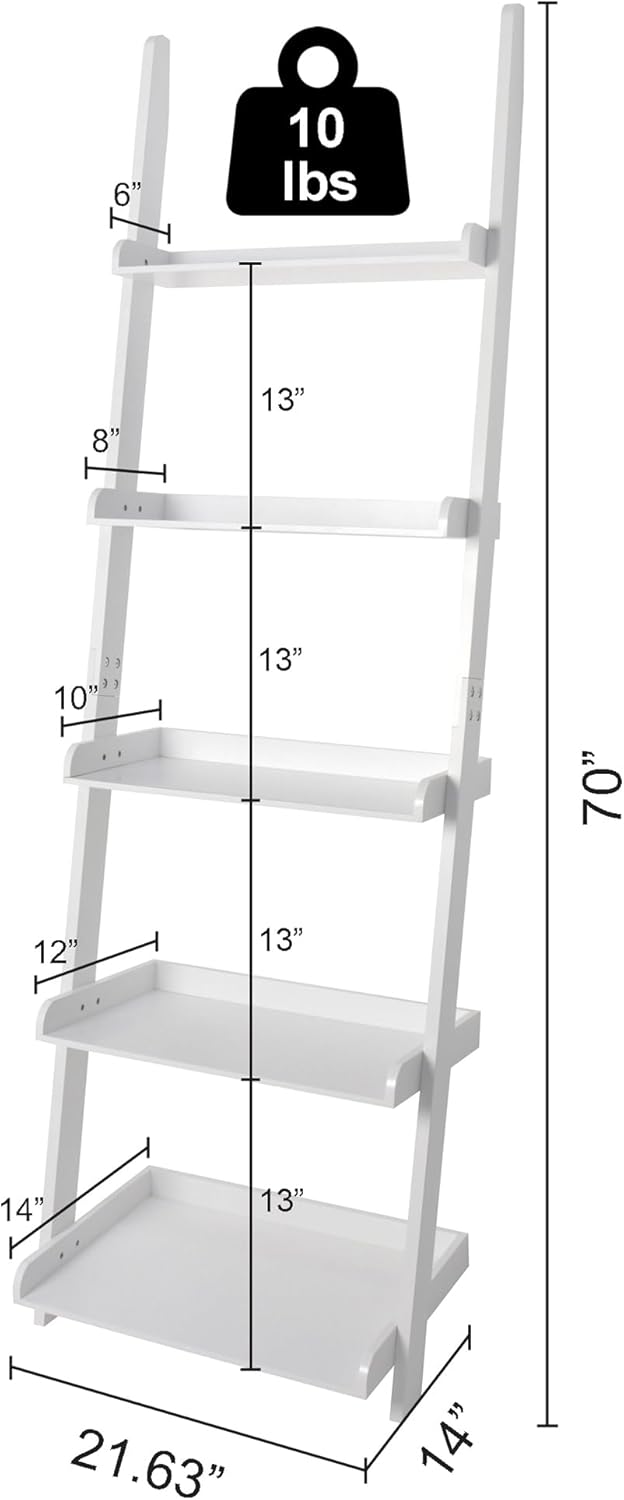 eHemco Modern 5 Tier Wall-Leaning Ladder Bookshelf Organizer, Storage Rack, 70 Inches, White