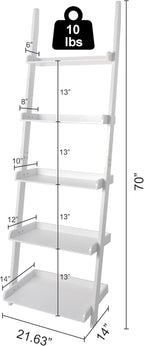 eHemco Modern 5 Tier Wall-Leaning Ladder Bookshelf Organizer, Storage Rack, 70 Inches, White