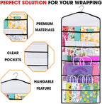 Gift Bag and Tissue Paper Storage, Hanging Organizer with Multiple Front and Back Pockets Double Sided, Organize Gift Wrap and Paper Bags 38 x 16 Inch (Black seam)