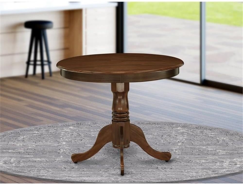 BOWERY HILL Traditional Round Rubberwood Dining Table, 36" W x 36" D x 30" H, Walnut Finish, Pedestal Base, Durable Small Kitchen or Dining Room Table, Space-Saving Antique Design