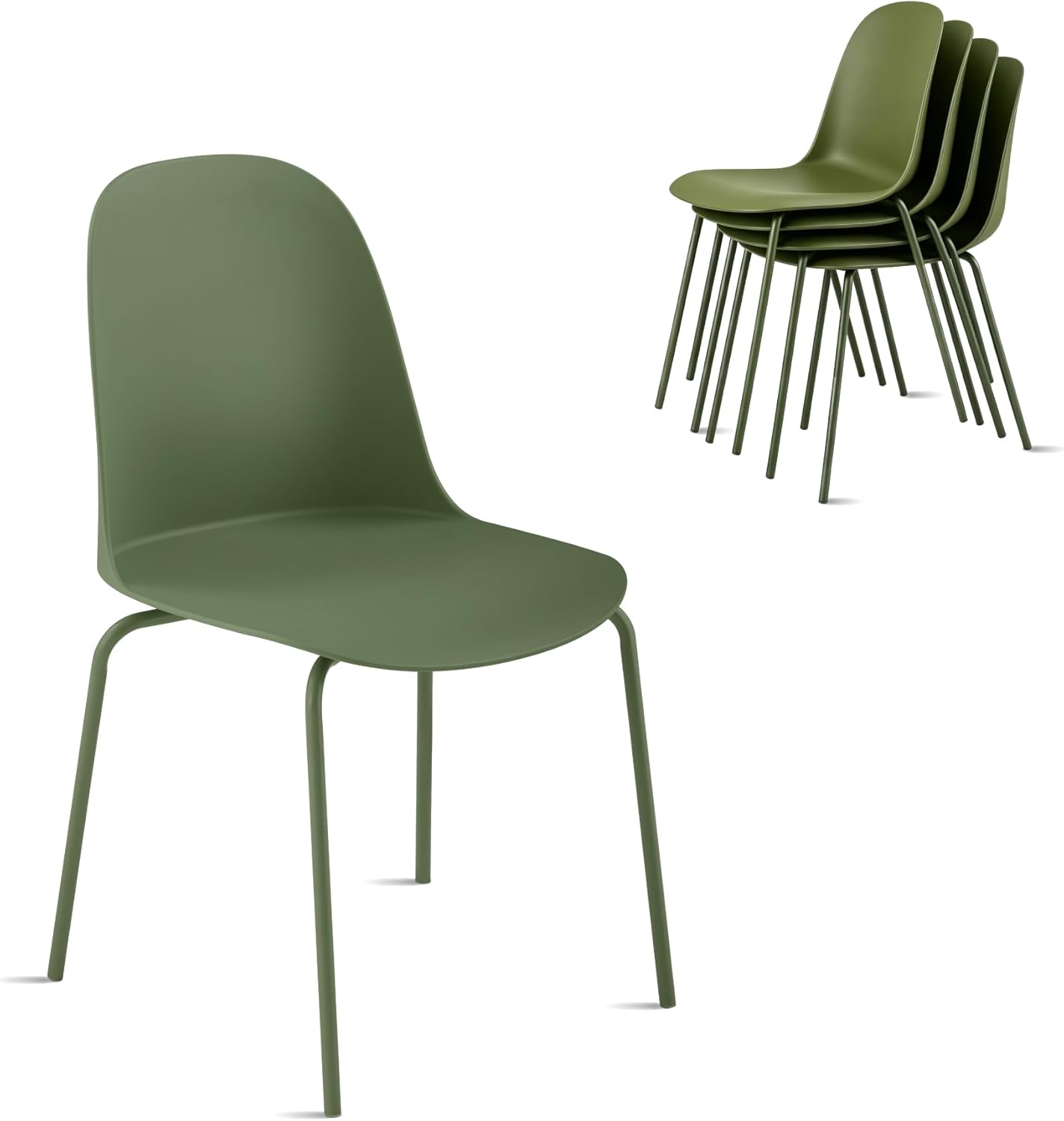 KISLOT Dining Chairs Set of 4, Plastic Outdoor Dining Room Chairs with Metal Legs, PP Anti-UV Stackable Patio Chairs with Ergonomic Back for Kitchen Swimming Pool, Easy Assembly, Green