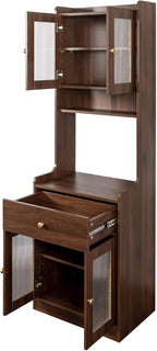 Modern Buffet with Hutch, Kitchen Pantry Storage Cabinet with 4 Glass Doors and Microwave Space for Dining Room, Living Room, Walnut