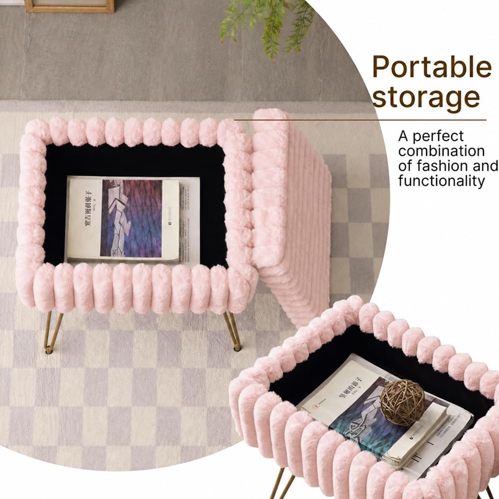 Faux Fur Storage Ottoman, Modern Soft Footstool, Storage Bench with Metal Legs, Vanity Seat, Fur Stool, Ottoman Coffee Table, Makeup Chair, Vanity Stools for Bedroom (Pink)