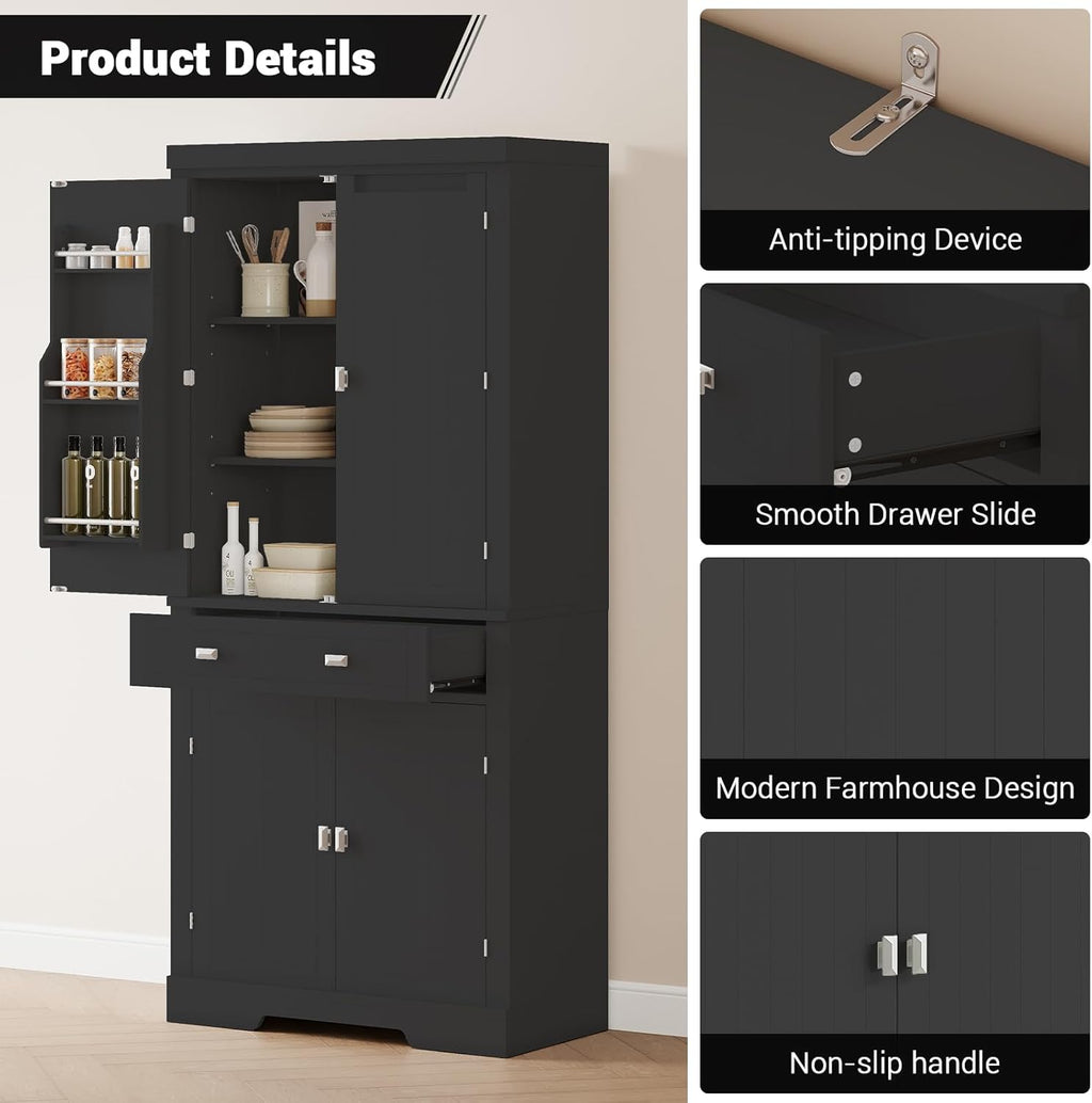 Pantry Cabinet, 72" Kitchen Pantry Storage Cabinet, Modern Kitchen Cupboard with Large Drawer, 2 Cabinets, 4 Adjustable Shelves, Freestanding Hutch Food Pantry for Dining Room Living Room, Black