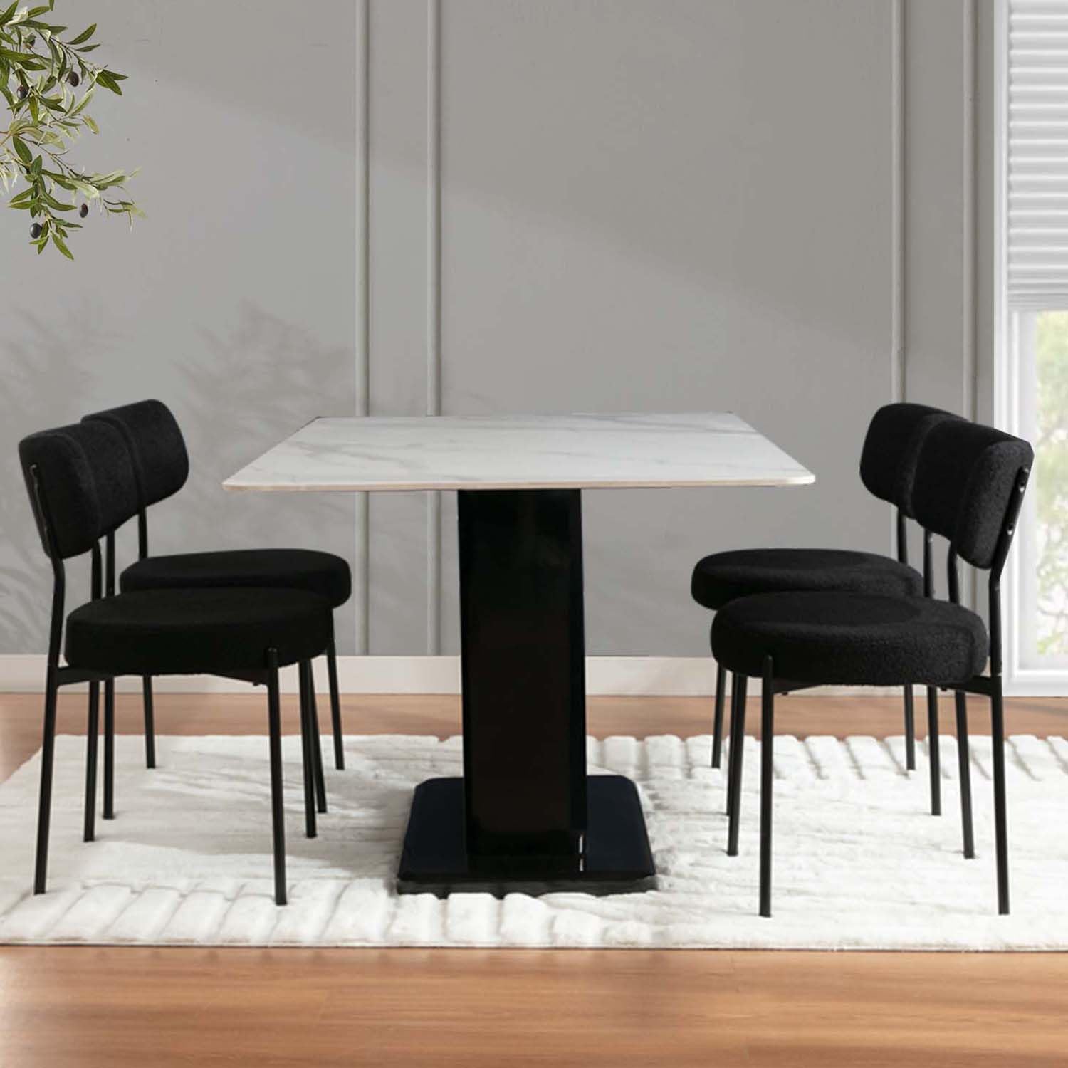 2.7" Black Dining Chairs Set of 6, Boucle Dining Chair with Curved Backrest & Metal Legs, Kitchen Chairs with Adjustable Non-Slip Foot Pads, Mid Century Dining Chair for Living Room
