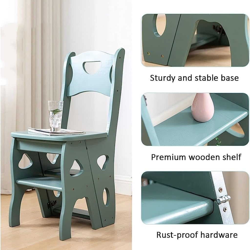 4 Step Wooden Folding Library Ladder Chair with Seat, Lightweight Portable Ladder Shelf, Multifunctional Step Stool, Stepladders Display Stand for Office Home Kitchen (Color : Green)