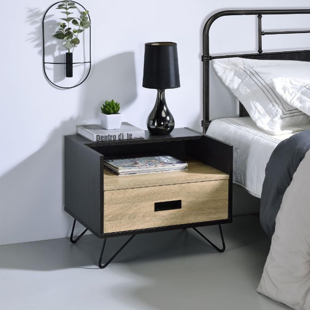 One Drawer Nightstand with Open Compartment, Oak and Black,for Small Spaces
