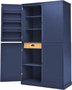 71.3'' Tall Wood Kitchen Pantry, Farmhouse Food Pantry Cabinet with 8 Door Shelves / 2 Drawers, Freestanding Large Cupboard with Adjustable Shelves for Kitchen Dining Room, Blue