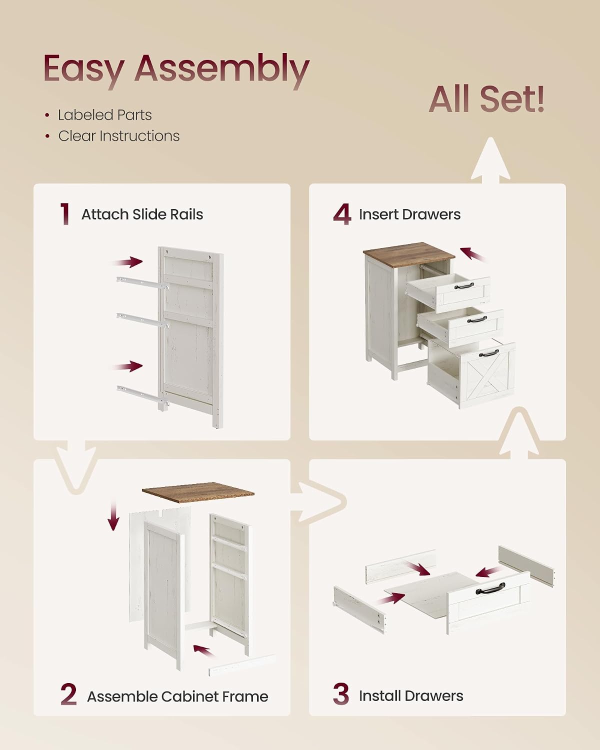VASAGLE File Cabinet, 3-Drawer Filing Cabinet for Home Office | Modern Farmhouse, for A4 Letter Files, Printer Stand, Study Bedroom, Rustic White and Honey Brown UOFC087WJ02S