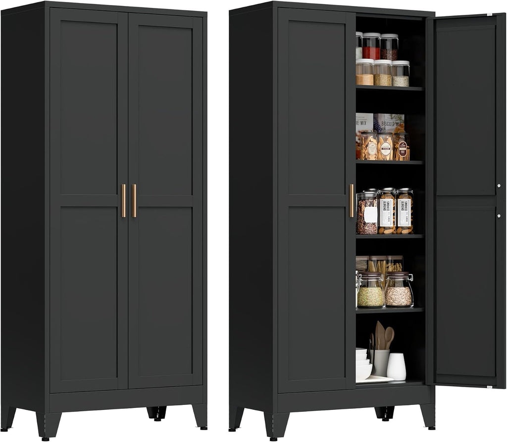71” Tall Metal Kitchen Pantry Cabinet, Kitchen Storage Cabinets, Steel Cupboard with 2Doors and 4 Adjustable Shelves for Dining Room, Bathroom, Living Room