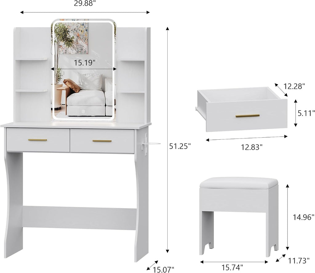 Small Vanity Desk with Mirror and Lights, Makeup Vanity with LED Lights, White Vanity Mirror with Lighted Desk and Chair, 3 Lighting Adjustable Compact Dressing Table with Mirror for Women, Girls