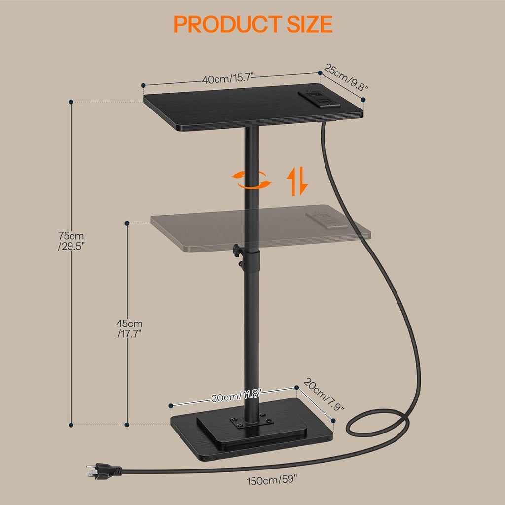 HOOBRO Adjustable Height End Table, 360° Swivel Narrow Side Table with Charging Station, Narrow Sofa Bedside Table for Small Space, Living Room, Bedroom, Black BB425UBZ01