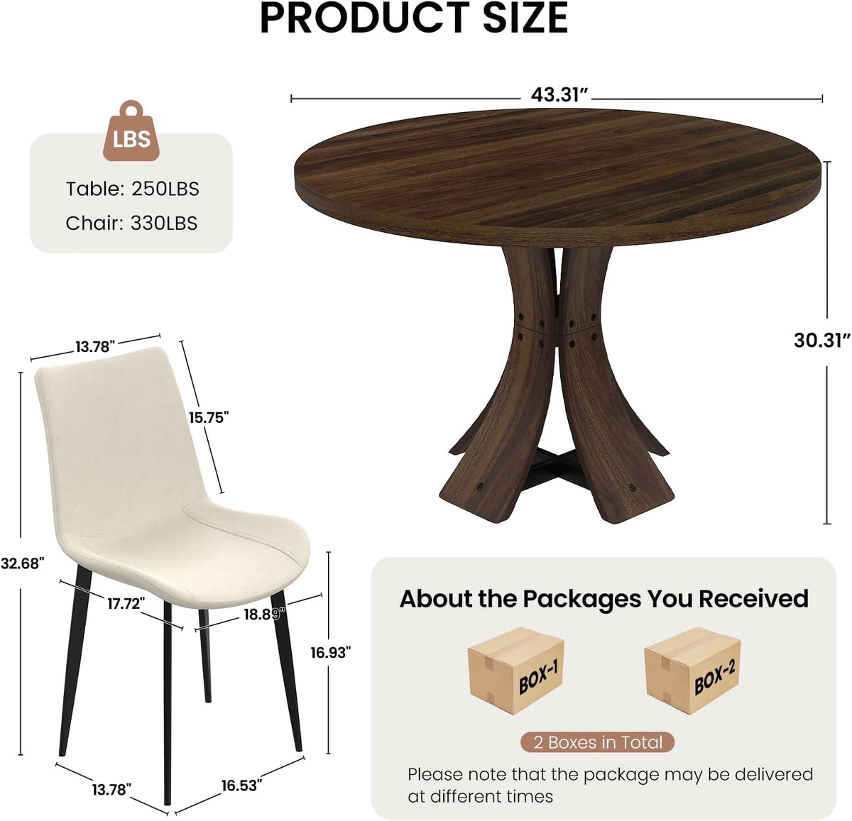 43.3" Round Dining Table Set for 4, 5 Piece Farmhouse Kitchen Table Set with 4 PU Chairs, Mid Century Modern Dining Table with Curved Solid Wood Frame for Dining Room, (Walnut Table+4 Beige Chairs)