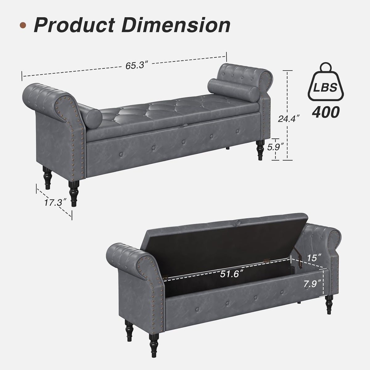 FiveWillowise 65" End of Bed Storage Bedroom Bench with Storage,Faux Leather Storage Ottoman Bench with Rolled Arms and Nailhead Trim for King Size End of Bed,Entryway,Living Room,Grey