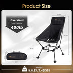 MOON LENCE Oversized High Back Camping Chair for Adults, Height Adjustable Folding Camp Chair | 400 lbs Capacity & 5.4 lbs Weight, Hidden Pillow Pocket Wide Seat for Camping Fishing Overlanding, Black