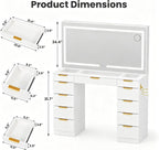 Pamapic Glass Top Vanity Desk with Mirror and Lights, 11 Drawers Makeup Vanity with Charging Station, Golden Handles Dressing Table, 3 Lighting Modes Makeup Table, White