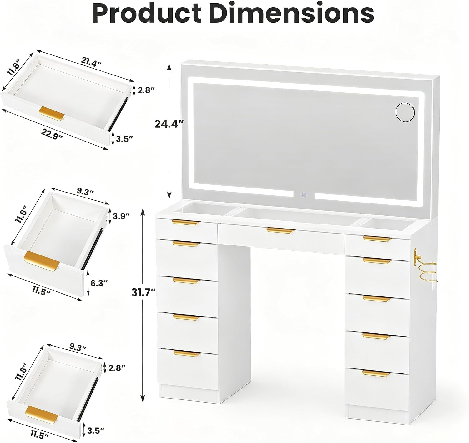 Pamapic Glass Top Vanity Desk with Mirror and Lights, 11 Drawers Makeup Vanity with Charging Station, Golden Handles Dressing Table, 3 Lighting Modes Makeup Table, White