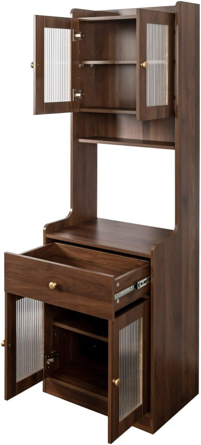 Kitchen Pantry Cabinet with Hutch, Walnut Farmhouse Storage Buffet Sideboard, Coffee Bar Station with Drawer & Glass Doors for Dining Room, Kitchen, Living Room, 70.87" Tall