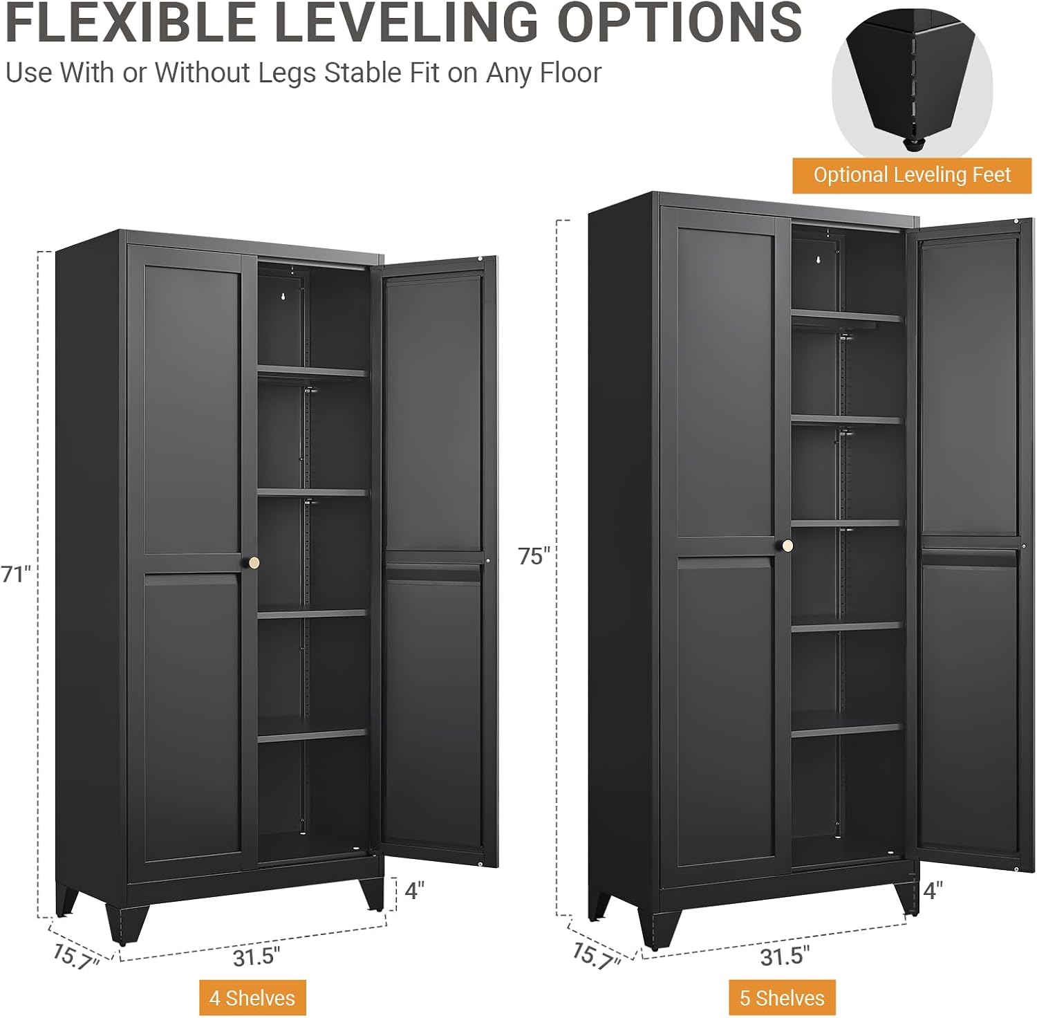 75" Metal Kitchen Pantry Cabinet with Dual Opening Design, Tall Storage Cabinet with Large Capacity, Freestanding Cupboard,Ideal for Small Space Organization, Black