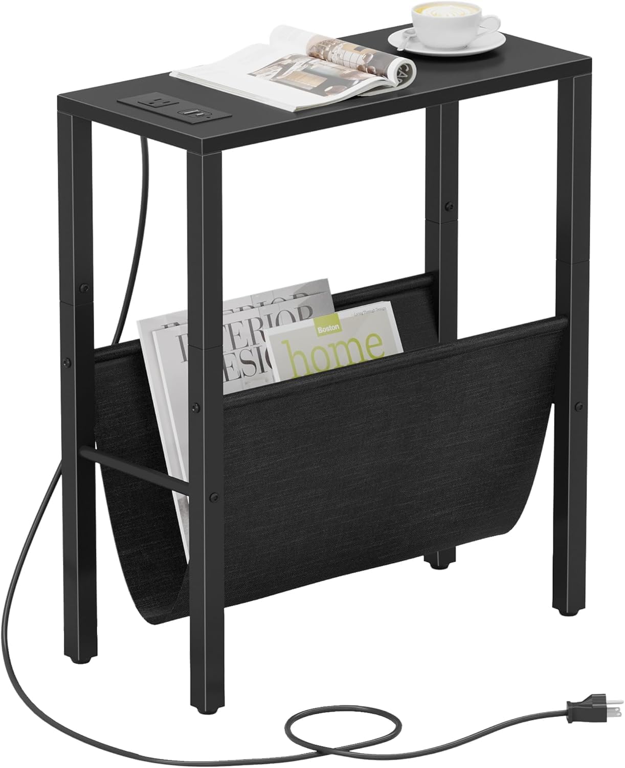 Vagusicc Narrow End Table with Charging Station, Narrow Nightstand with USB Ports & Outlet, Slim Sofa Side Table, Black End Table, Small Side Table for Small Spaces, Living Room, Bedroom, Black