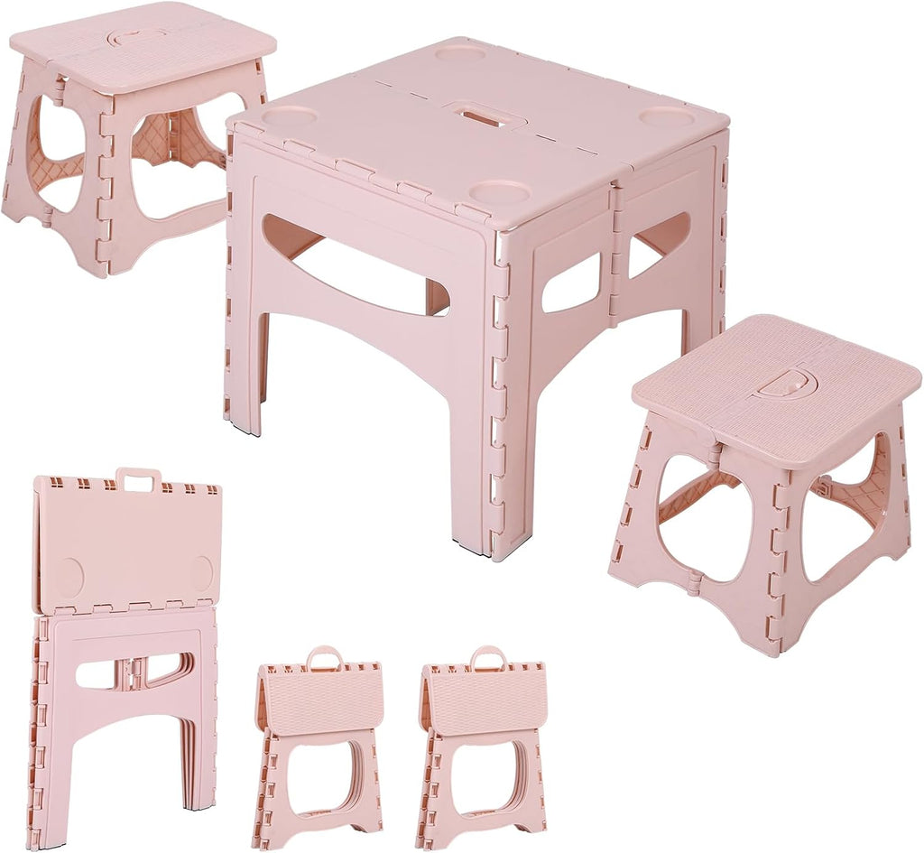 3-Piece Plastic Kids Folding Table and Chairs Set, Portable Activity Furniture with 2 Foldable Chairs for Playroom, Crafts, Snacks, Learning, Indoor Outdoor Use and Small Spaces Light Pink