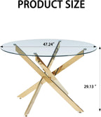 47.24" Round Dining Table for 6 8, Modern Clear Glass Kitchen Table for 6 with Gold X Metal Legs, Contemporary Circle Dining Room Leisure Tables for Kitchen Apartment