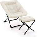 Saucer Chair with Ottoman, Foldable Living Room Chairs, Faux Fur Comfy Reading Chair, Lounge Chair for Bedroom Dorm Small Spaces, Beige