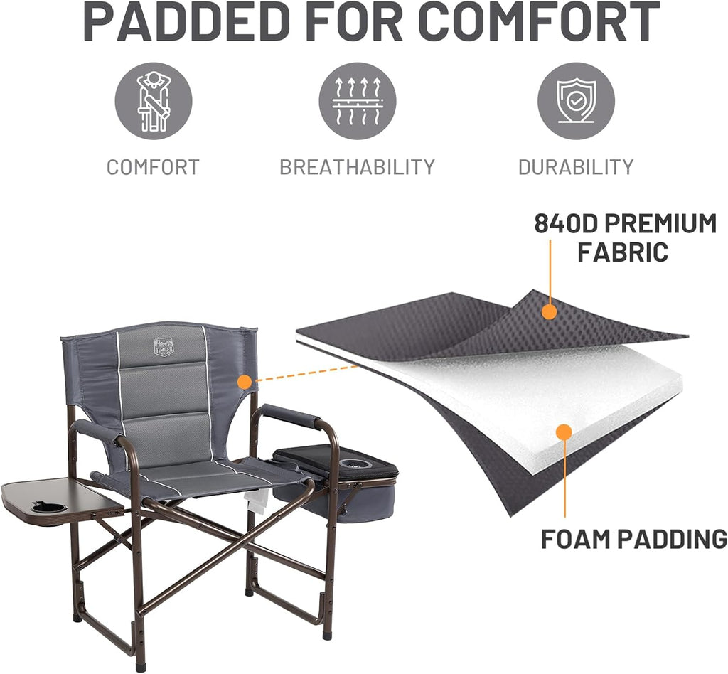 TIMBER RIDGE Lightweight Camping Chair, Portable Laurel Director's Chair with Foldable Side Table, Cooler Bag & Mesh Pocket, Compact Outdoor Folding Lawn Chair, Supports 300lbs, Grey