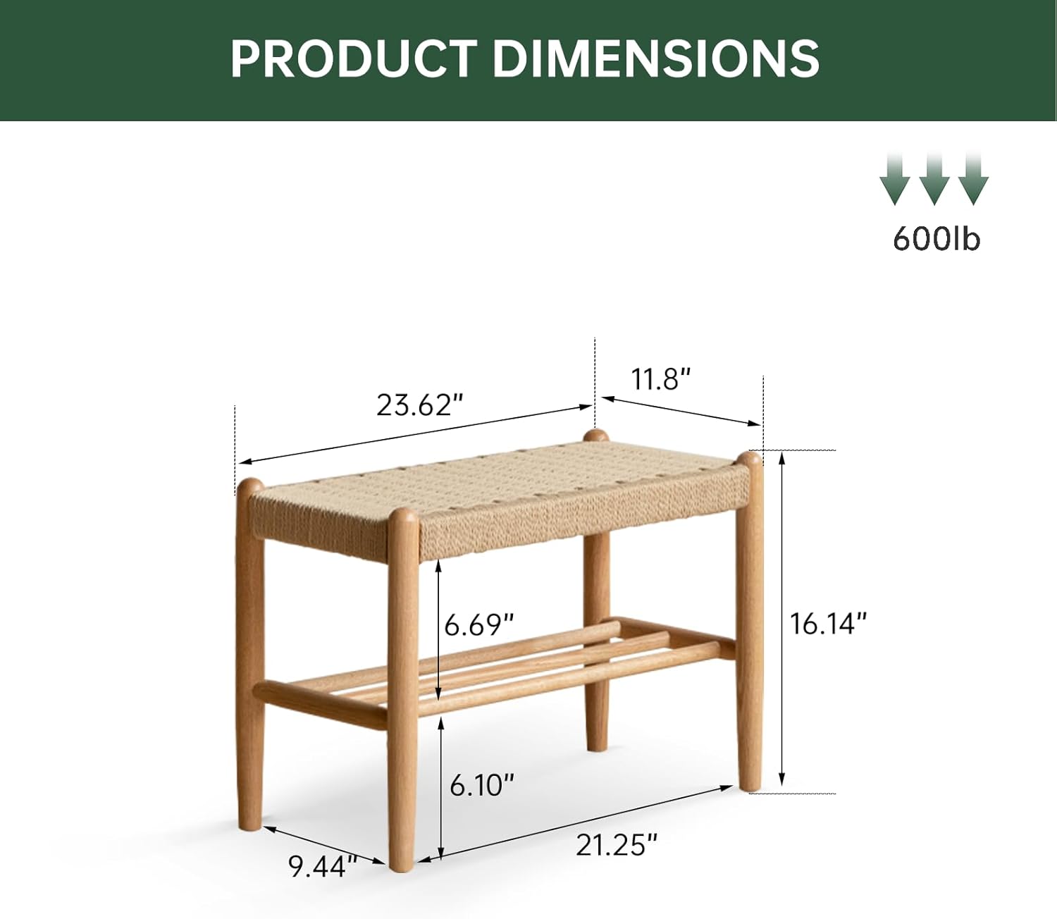 Solid Oak Shoe Bench Assembled, Farmhouse Shoe Rack Bench with Woven Rope Design for Entryway, Living Room, Bedroom, Hallway, 11.8" x 23.6" x 16.1", Natural