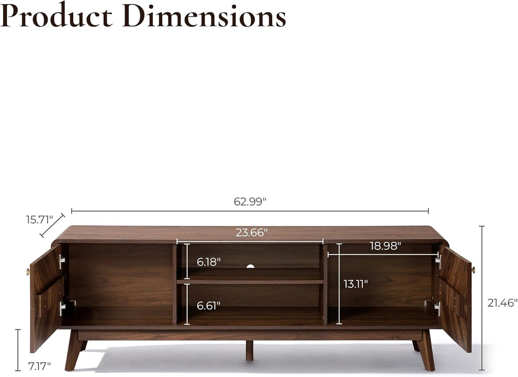 LuxenHome 63" Mid Century Modern TV Stand for Living Room for TVs up to 65" | Entertainment Center with Storage, Wood TV Console with Tapered Legs, Television Stands