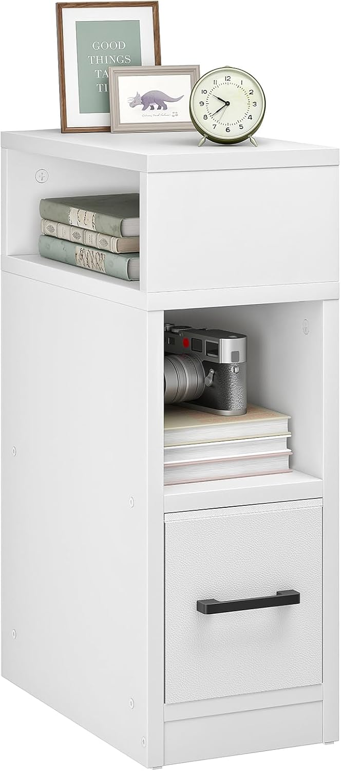 CHOEZON Narrow Side Table, 7.9" Small Nightstand with Drawer, Skinny Bedside Table, for Small Spaces, Flexible Open Compartment, for Bedroom, Living Room, White MBZ11WB