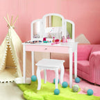 HONEY JOY Kids Vanity Set, Toddler Beauty Makeup Dressing Table w/Stool & Drawer, Tri-Fold Silver Mirror, Detachable Top, Wooden Princess Pretend Play Vanity Set for Little Girls (White)