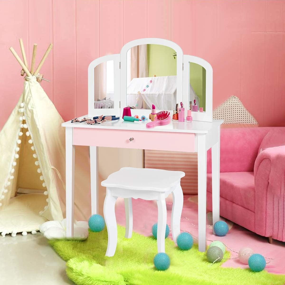 HONEY JOY Kids Vanity Set, Toddler Beauty Makeup Dressing Table w/Stool & Drawer, Tri-Fold Silver Mirror, Detachable Top, Wooden Princess Pretend Play Vanity Set for Little Girls (White)