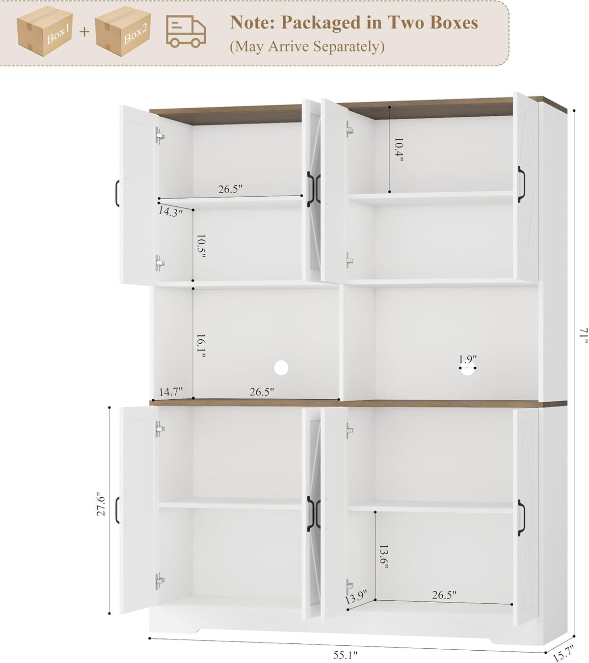 HOSTACK 71" Tall Pantry Cabinet, 55" Wide Kitchen Pantry Storage Cabinet, Large Kitchen Hutch with 2 Microwave Stands, Farmhouse Coffee Bar Station with Doors and Shelves for Dining Room, White