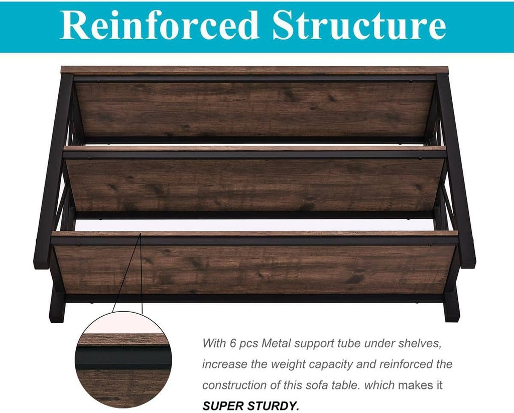 BON AUGURE 47” Narrow Console Table, 3 Tier Sofa Table Behind Couch, Rustic | Entryway Table with 3 Open Shelves, Industrial Steel Frame Entry Tables for Hallway, Foyer, Living Room, or Behind the Couch