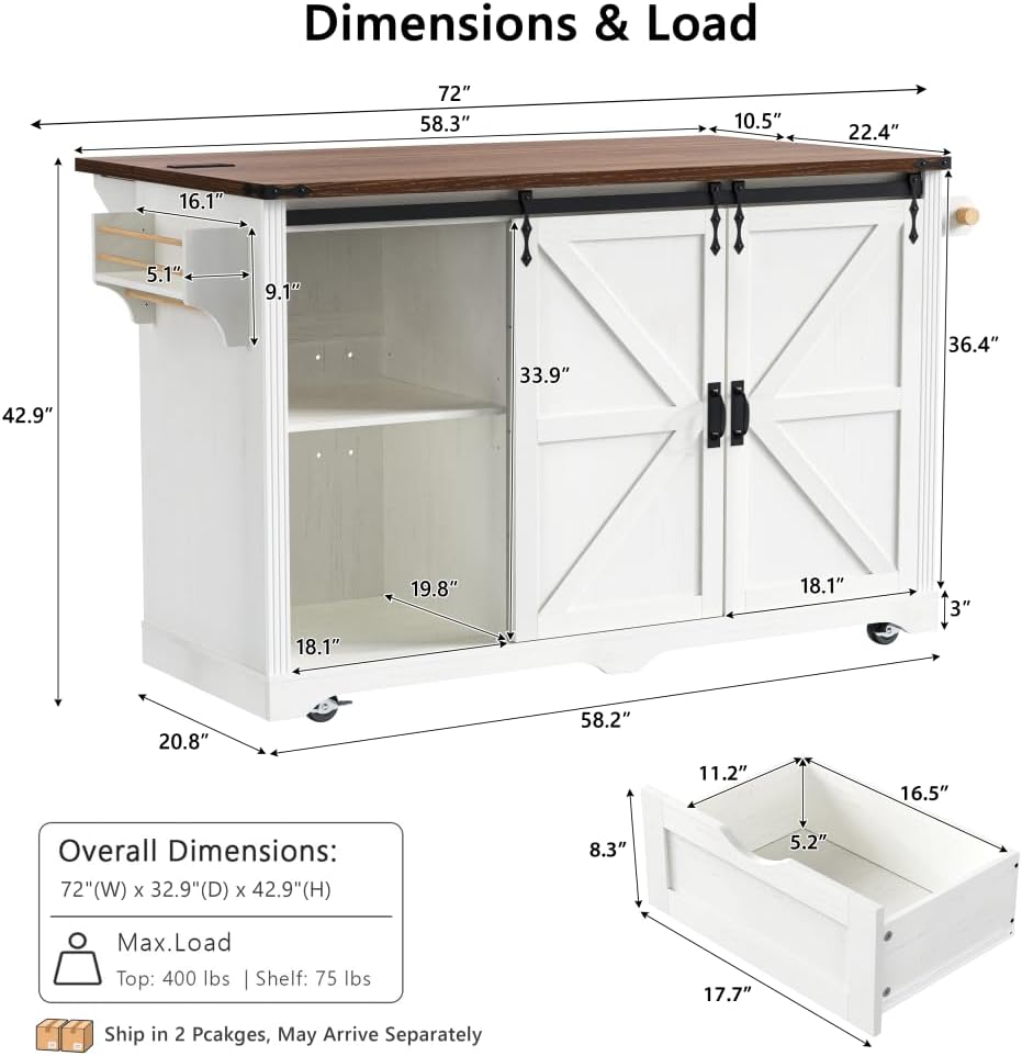 Merax 72" L White Rolling Kitchen Island with Fridge Storage Space | Coffee Bar Cabinet Kitchen Table on Wheels with Drop Leaf, 4 Drawers, Sliding Barn Door and Glass Holder