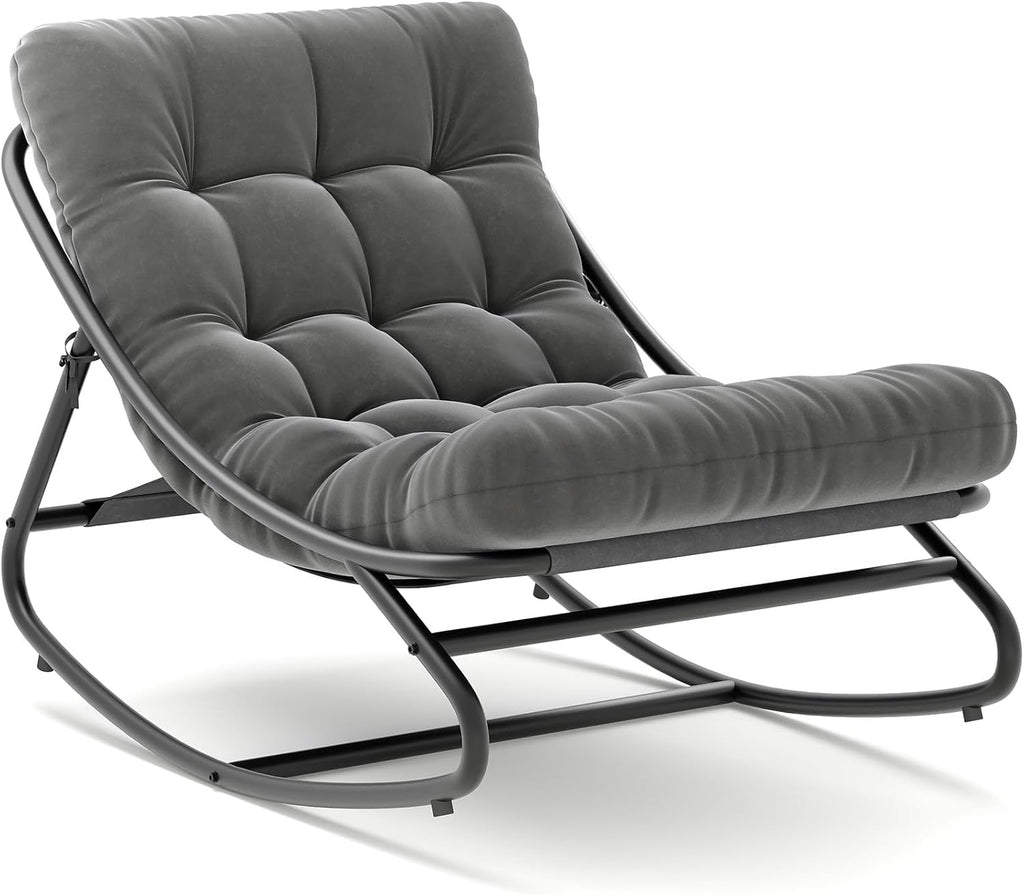 IDEALHOUSE Outdoor Rocking Chair with Metal Frame, Adjustable Papasan Rocker, Waterproof Comfy Cushion, 450lbs Capacity, for Patio, Porch, Garden, Living Room, Dark Grey
