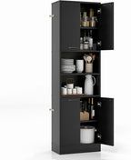 Kitchen Pantry Cabinet, Dining Room Cupboard with 4 Doors & 2 Open Countertop, 4 Anti-Tipping Devices, 75”Tall Bathroom Cabinets (Black)