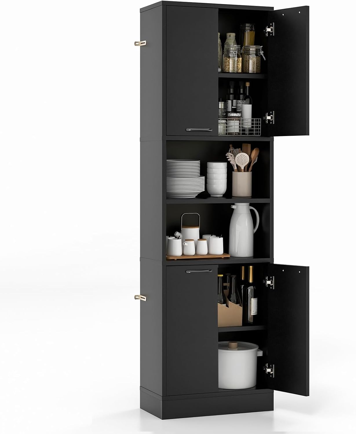 Kitchen Pantry Cabinet, Dining Room Cupboard with 4 Doors & 2 Open Countertop, 4 Anti-Tipping Devices, 75”Tall Bathroom Cabinets (Black)