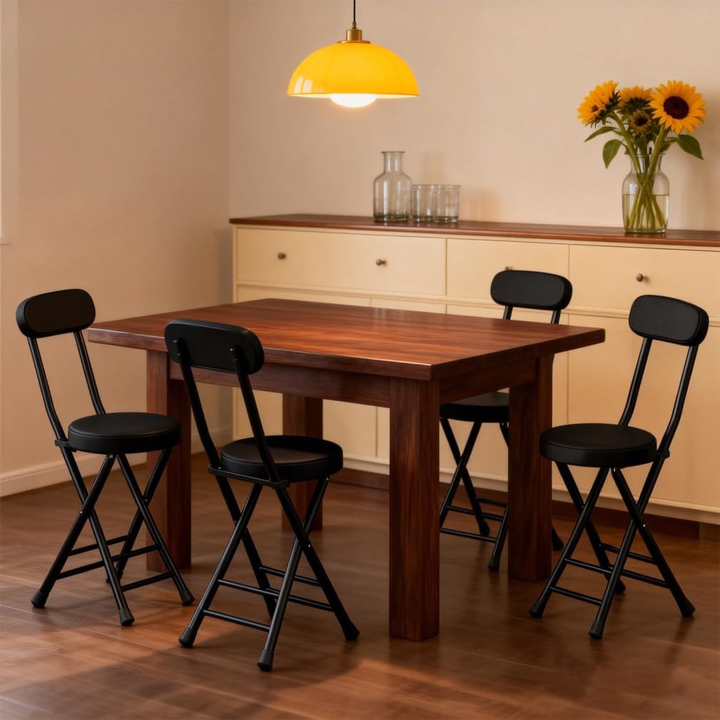 Folding Stool with Back, Padded Leather Round Foldable Stool, Foldable Bar Chairs, Round Portable Collapsible Stool for Gardening Kitchen Camping Cafe Indoor Outdoor,Black