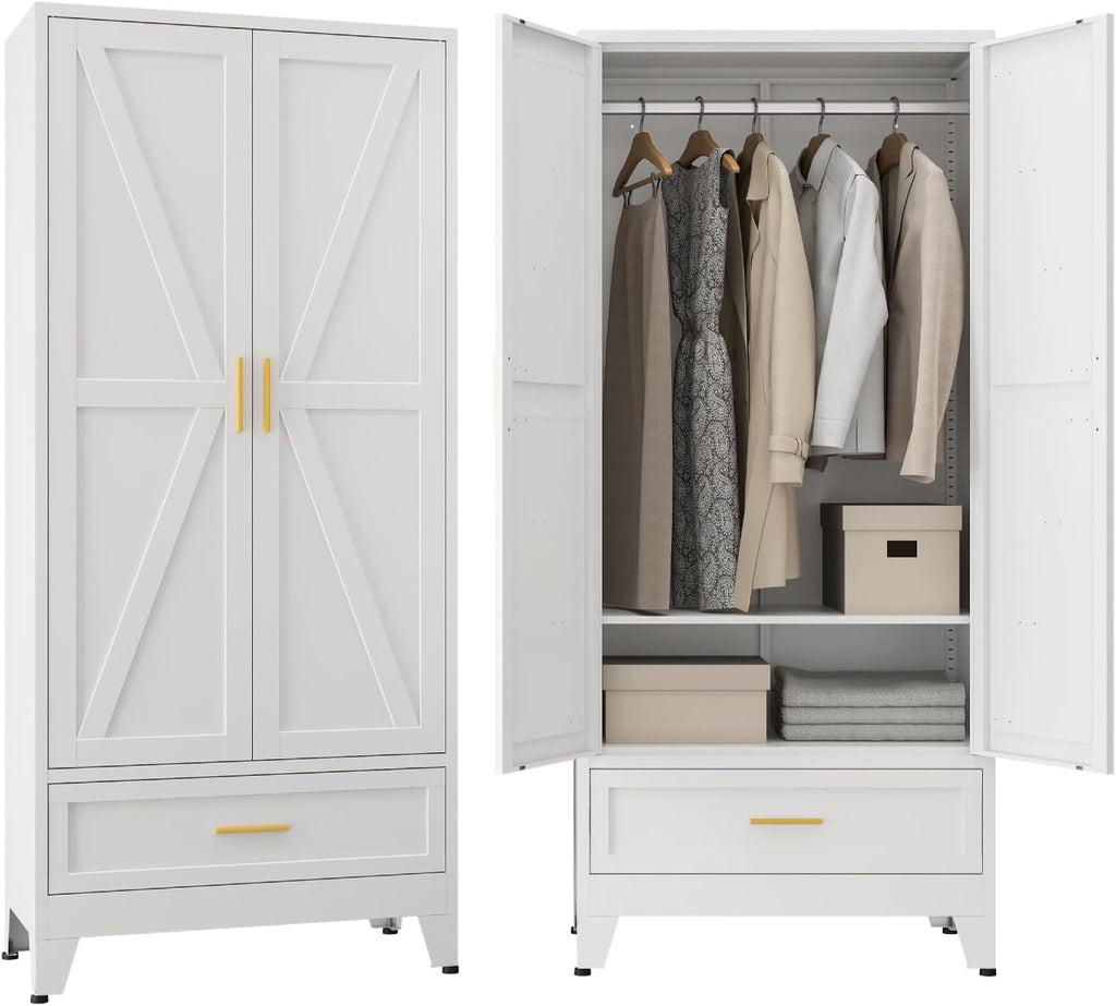 Metal Wardrobe Closet Hanging Rod 71" Tall, Heavy Duty Steel Armoire Wardrobe Cabinet, Clothing Storage Cabinet for Bedroom, Office, Laundry Room, 1 Drawer, White