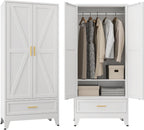 Metal Wardrobe Closet Hanging Rod 71" Tall, Heavy Duty Steel Armoire Wardrobe Cabinet, Clothing Storage Cabinet for Bedroom, Office, Laundry Room, 1 Drawer, White