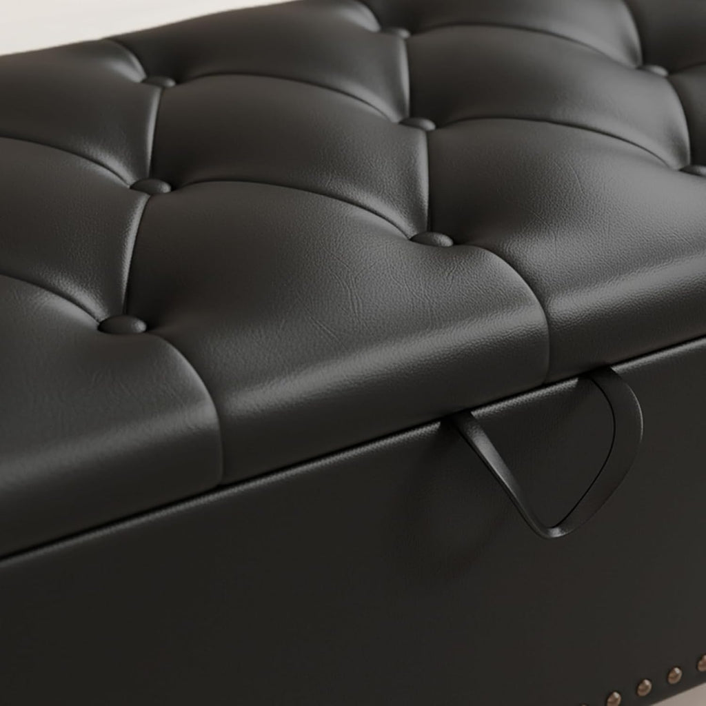 Furniliving 51” End of Bed Bench, Bedroom Bench with Button-Tufted, Large Upholstered Storage Ottoman Benches Entryway Bench with Storage Shoe Cabinet Bench, for Bedroom, Living Room, PU, Black